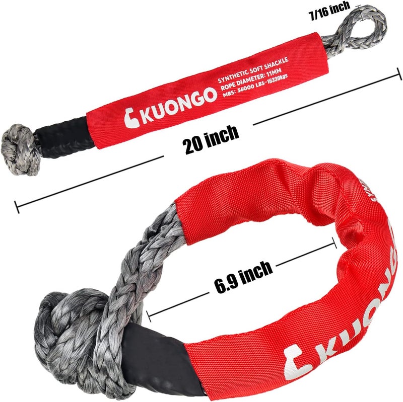 KUONGO Synthetic Soft Shackle 7/16"x20", Soft Shackle Recovery Rope 35000lbs Breaking Strength with Protective Sleeves, for Truck ATV UTV SUVs Off-Road Vehicel (2Pack Red) - Image 4
